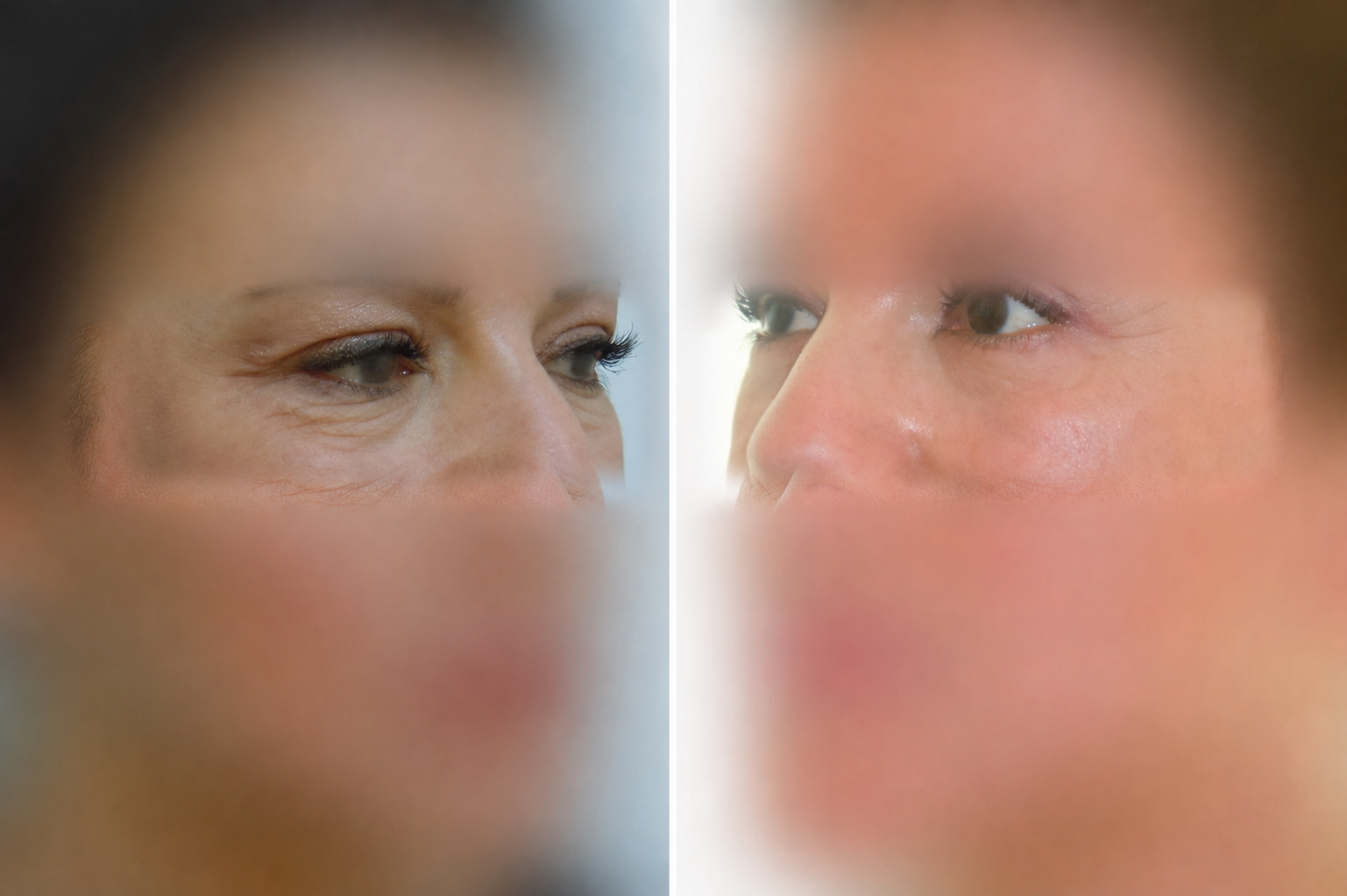 Résultat avant et après une blépharoplastie, visage anonymisé autour des yeux
