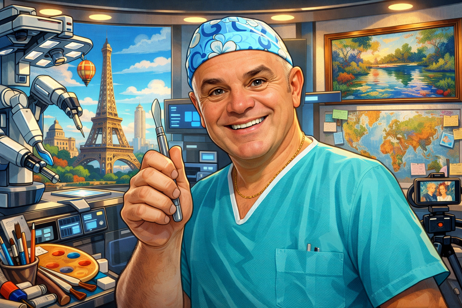 Illustration artistique du Docteur Arnold Tchakerian-Fabre dans son univers médical parisien
